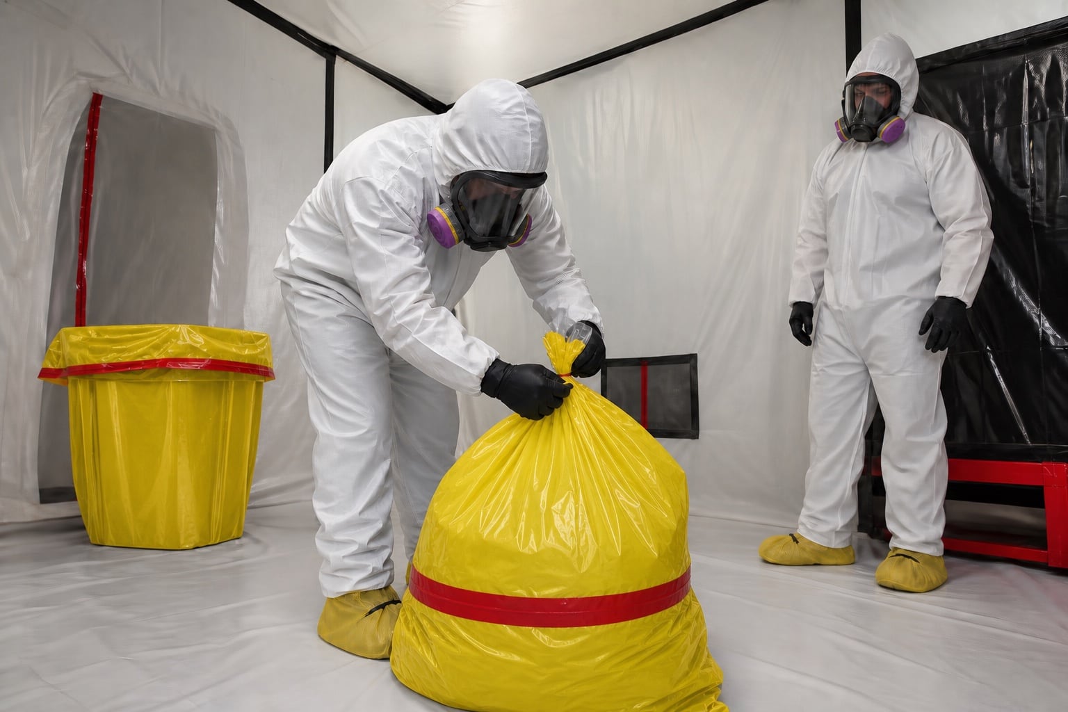 Travailleurs en protection complète fermant des sacs jaunes pour déchets d’amiante sous confinement