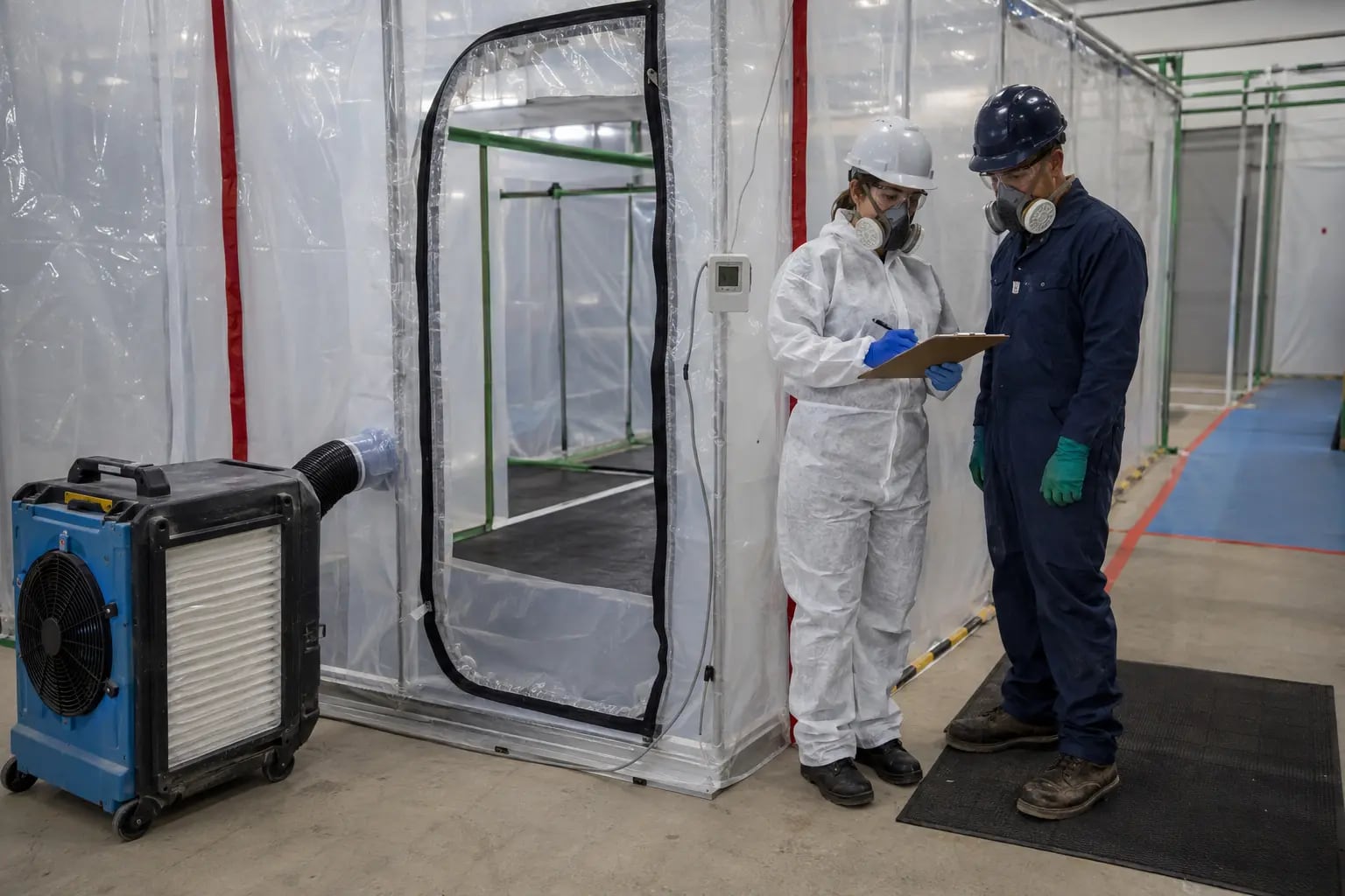 Travailleurs inspectant un confinement et une unité à filtration HEPA