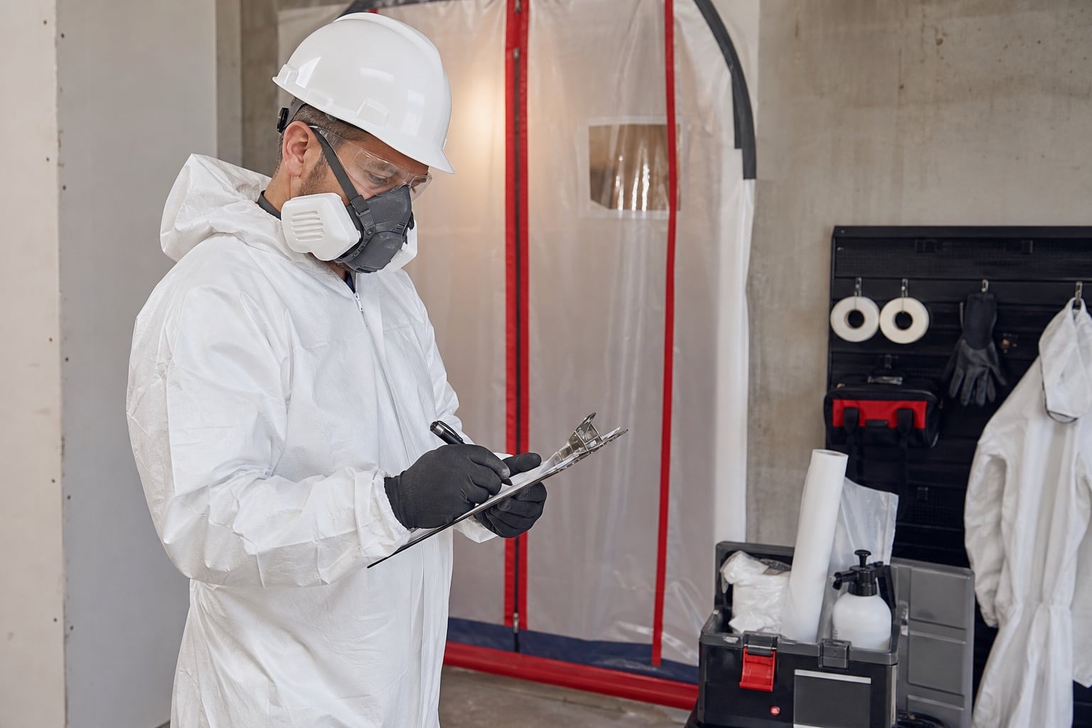 Technicien en équipement de protection remplissant sa liste de vérification avant d’entrer au chantier